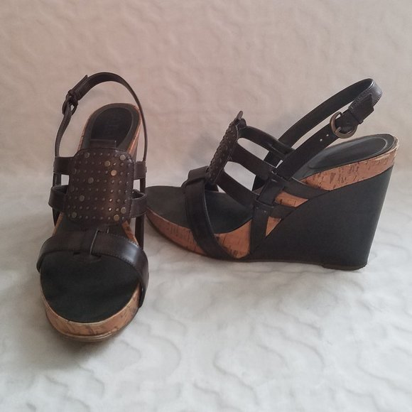 Sandales Talon Compensé A.N.A A, Cuir Verni Brun - Taille 6.5 US, Occasion